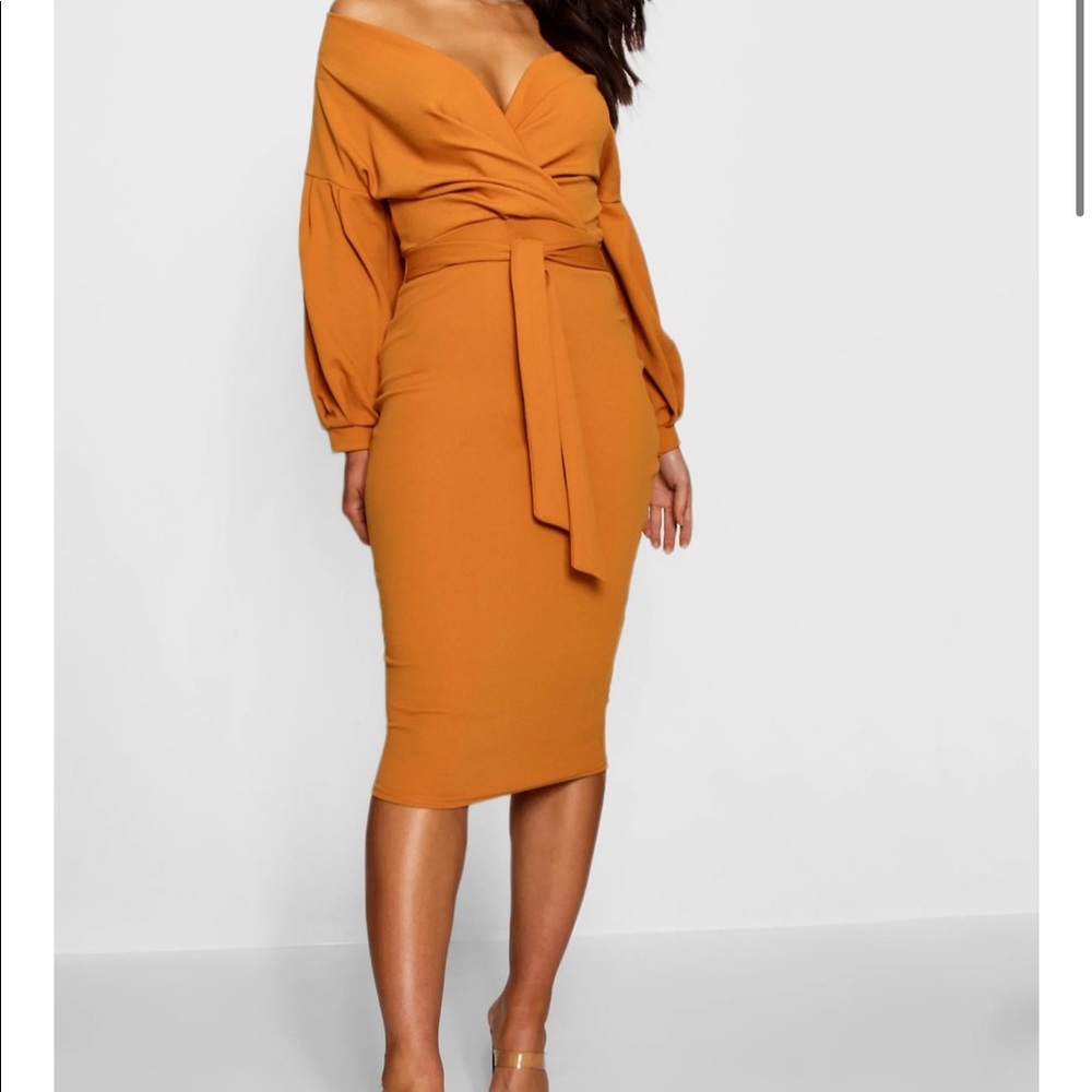 Off the Shoulder Wrap Midi Dress